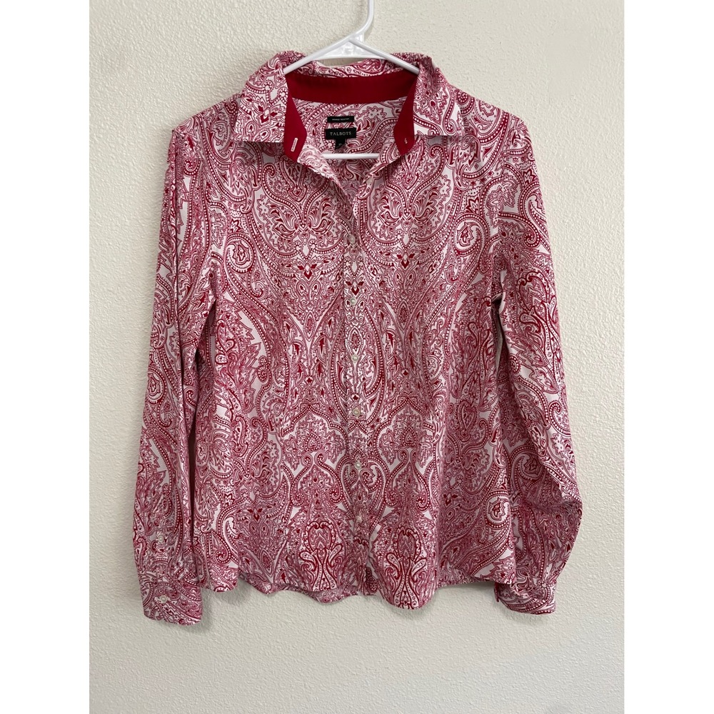 Talbots Womens 10 Button Down Shirt  Red White EUC Paisley‎ Wrinkle Resistant